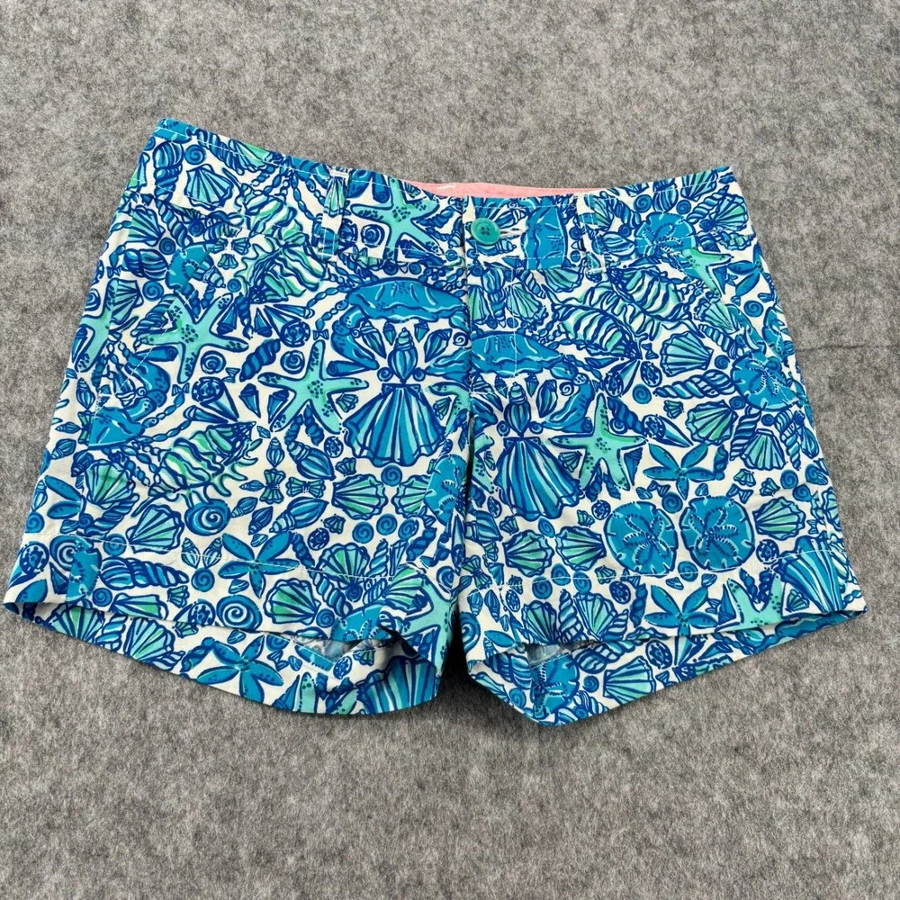 Lilly Pulitzer Callahan Shorts Blue Green Seashell Starfish Nautical Print SZ 0